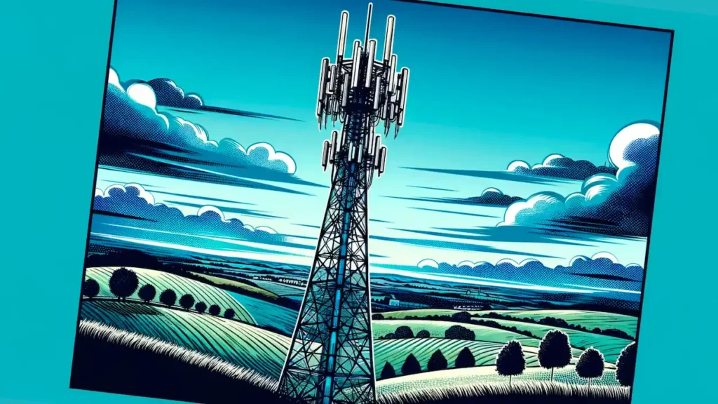 Antenna telefonia mobile con paesaggio rurale sullo sfondo