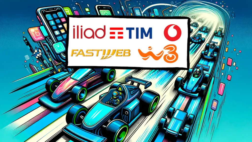 Macchine da corsa con i loghi di Iliad, Tim, Vodafone, Fastweb, WindTre