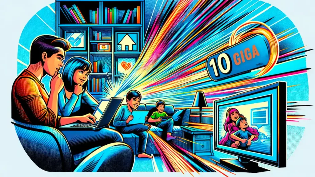 famiglia con tablet e laptop mentre guarda tv in streaming con una connessione fibra 10 giga