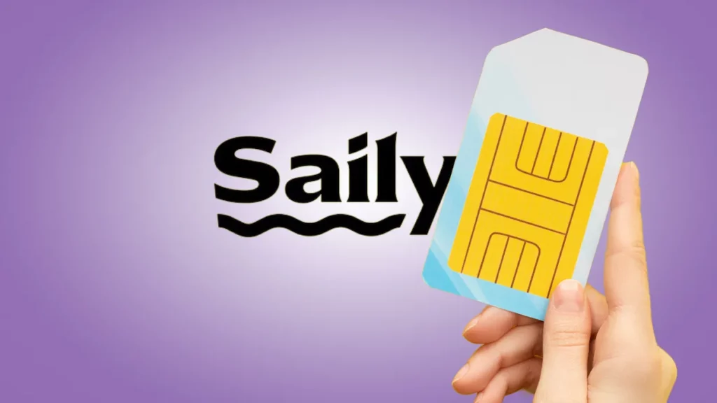 logo di Saily, brand di NordVPN e immagine di una sim