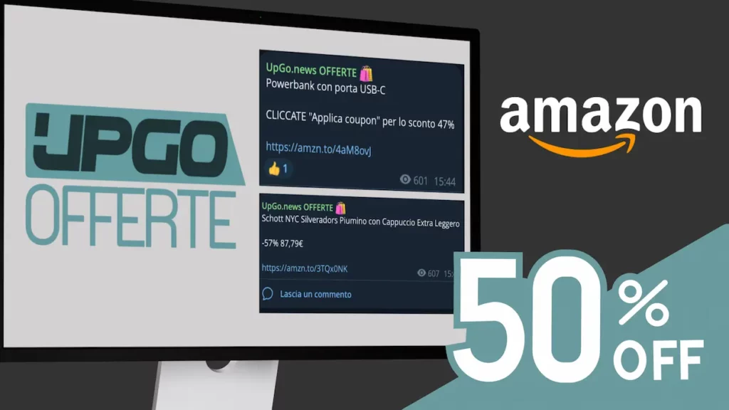 Logo di "UPGO OFFERTE" e logo di Amazon con scritta 50% OFF