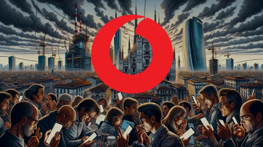 Logo Vodafone su sfondo città di Milano e persone che cercano di connettersi ad internet dallo smartphone senza riuscirci